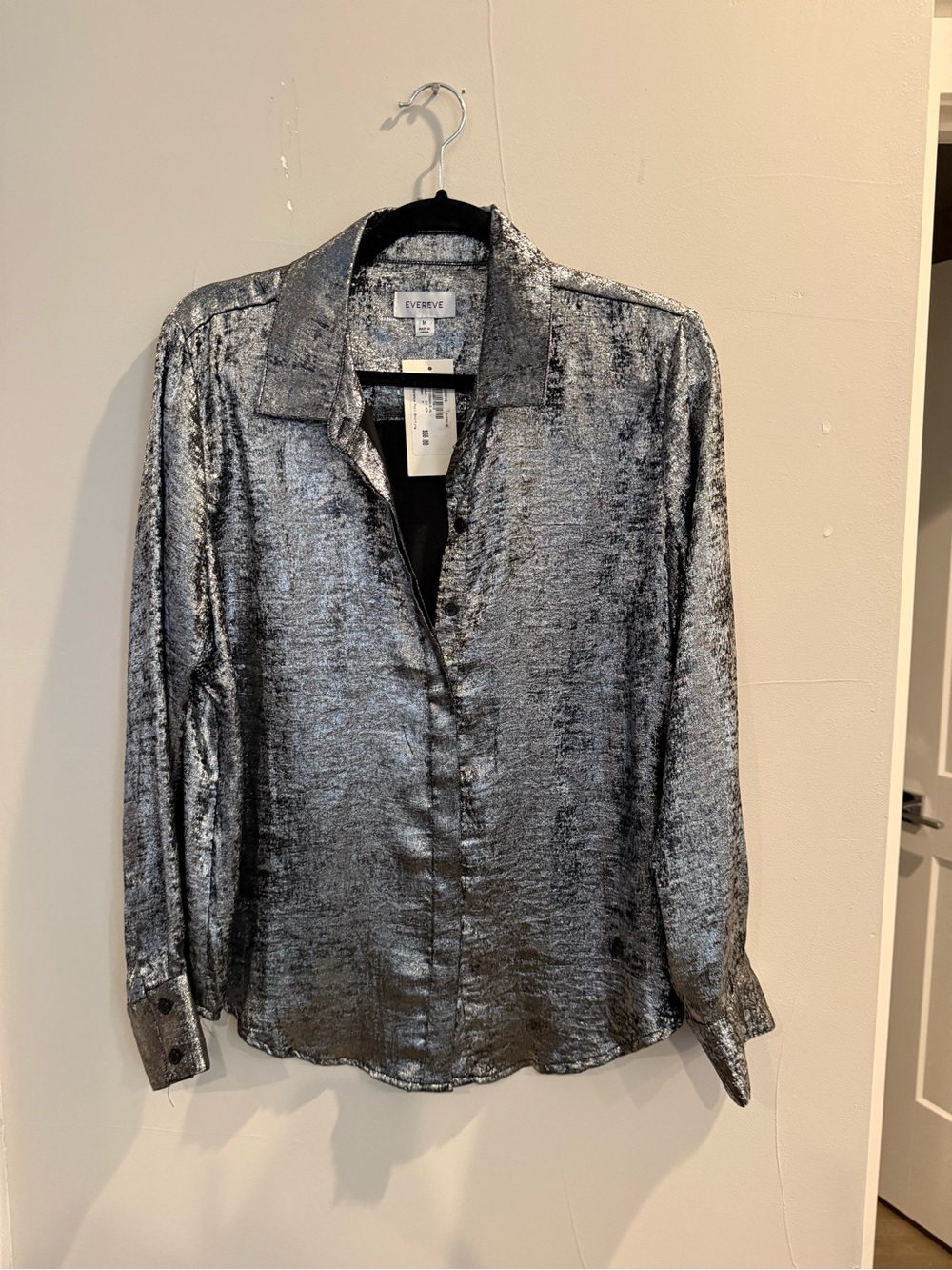 Evereve Shimmery Silver Button-Down Blouse Medium NWT